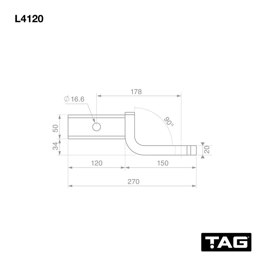 TAG Tow Ball Mount - 178mm Long, 90° Tongue Face, 50mm Square Hitch
